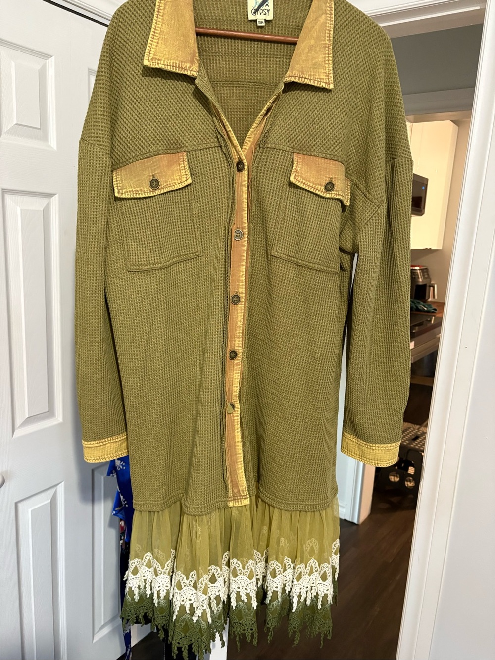 Olive Green Waffle Knit Jacket/dress with Lace Hem